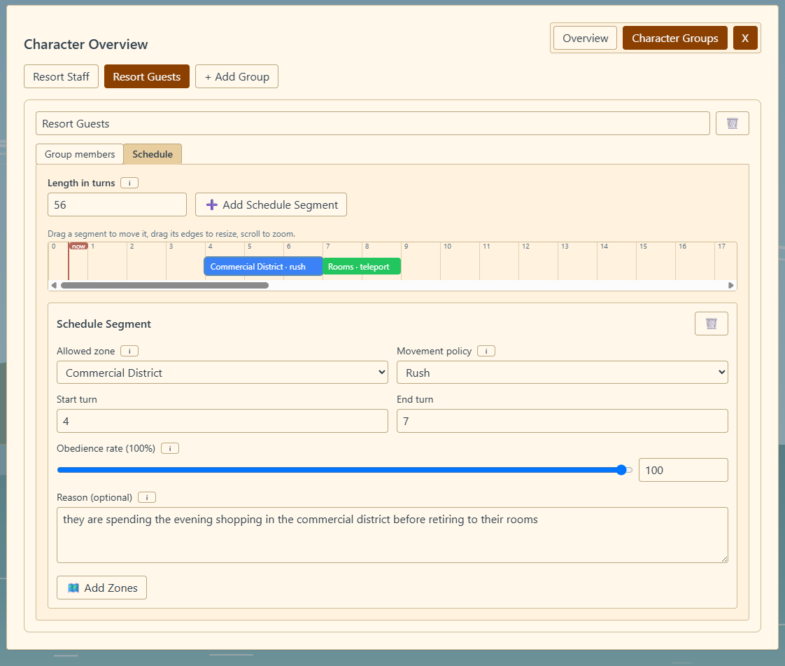 The schedule timeline with a few segments, the now marker, and a segment's detail panel open
