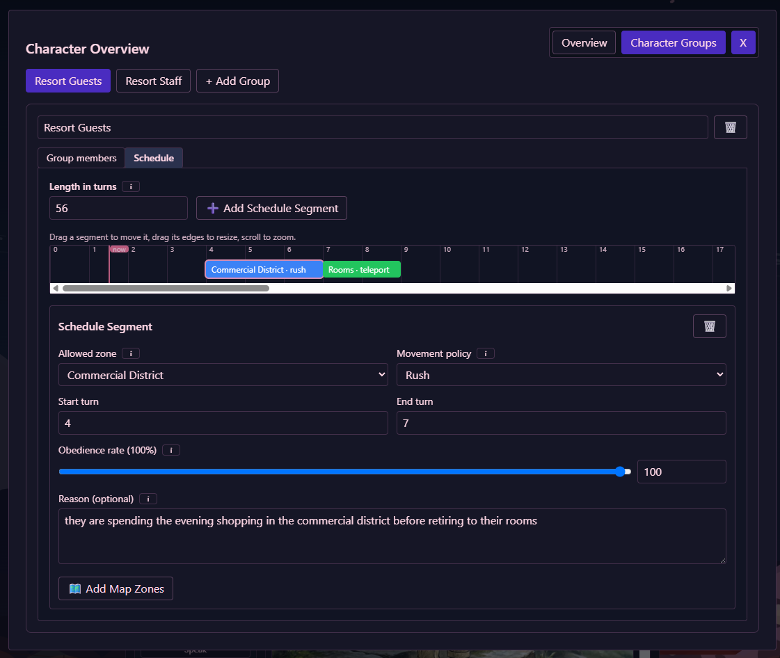 The schedule timeline with a few segments, the now marker, and a segment's detail panel open