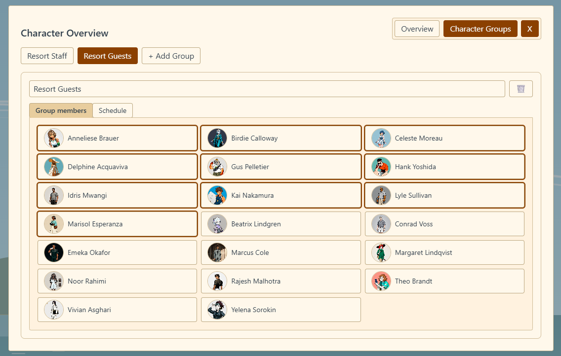 The Character Groups tab, with a group selected and a few members highlighted in the members grid