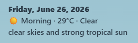 The scenario header showing the date, time of day, and weather